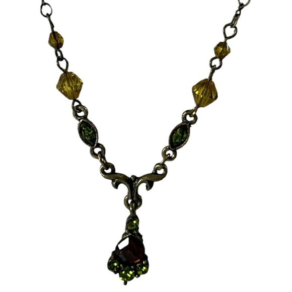 1928 Antiqued Brass Tone Necklace Green Rhinestones Amber Glass Teardrop Pendant - Picture 2 of 7
